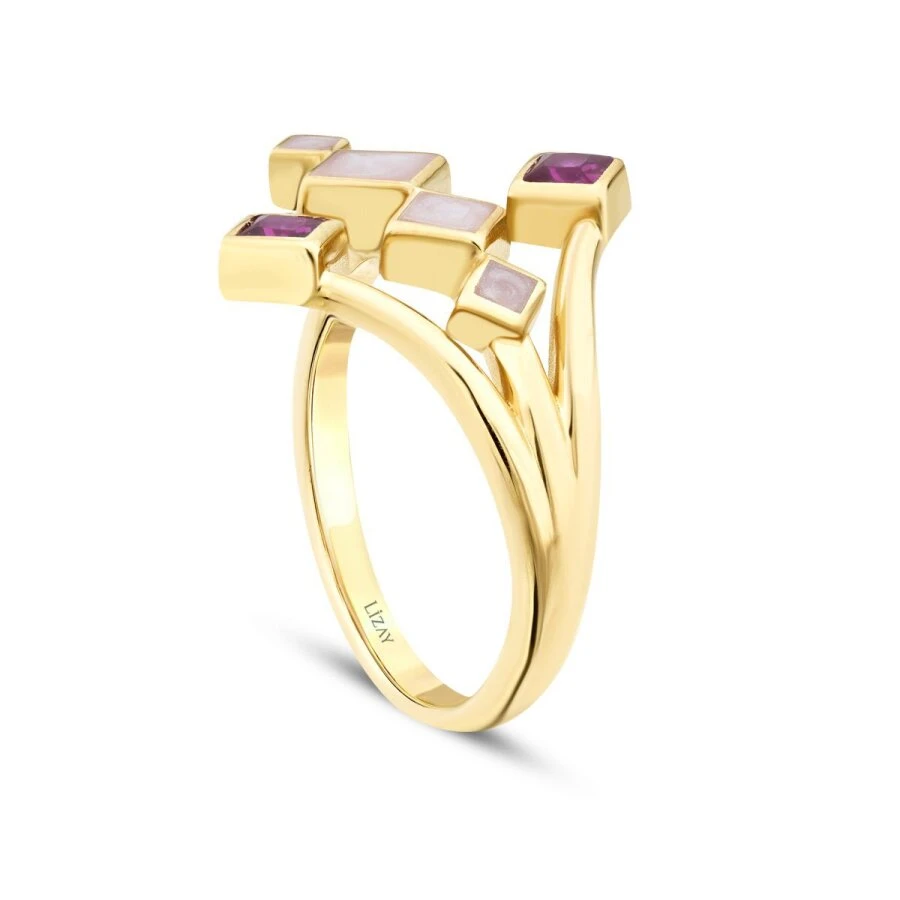 Altın Fuşya Taşlı Mineli Geometrik Trend Yüzük - 3