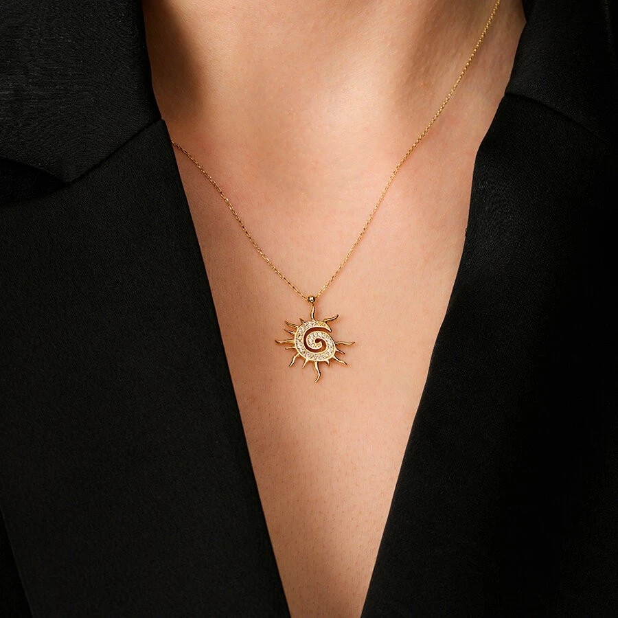 Altın Güneş Taşlı Trend Kolye - 3