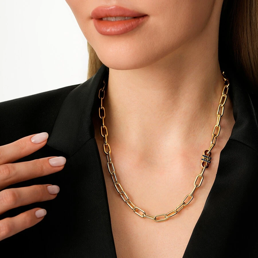 Altın Lacivert Taşlı Trend Zincir Kolye - 3