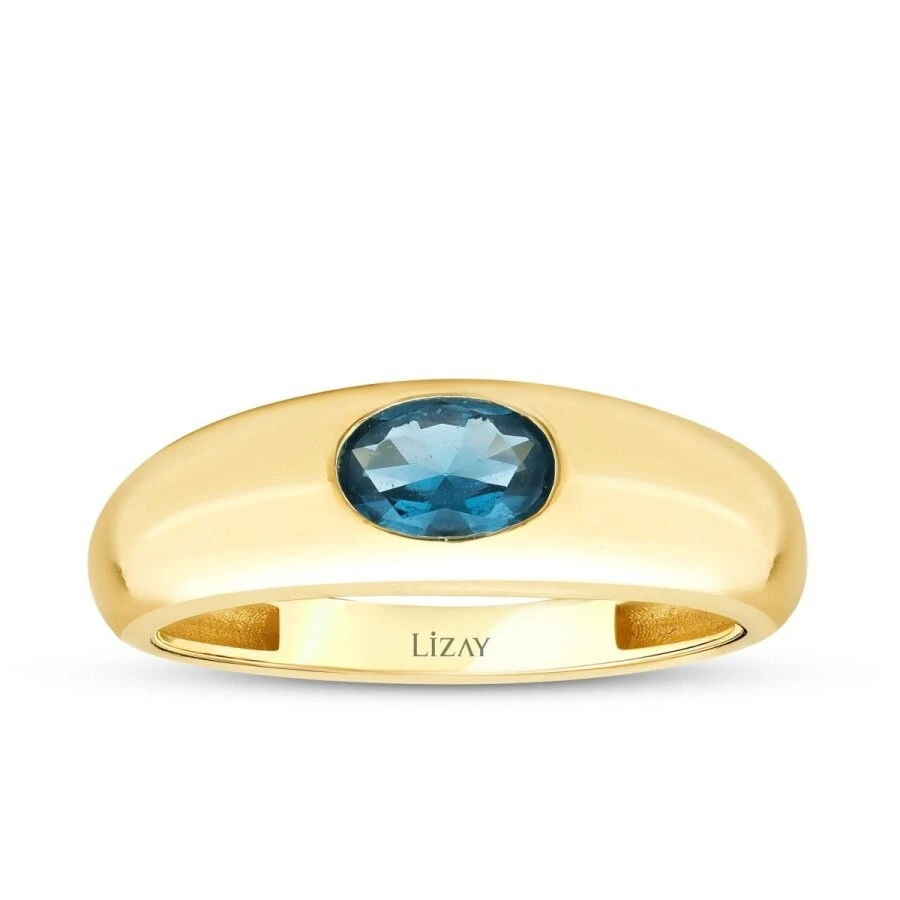 Altın Mavi Taşlı Bombeli Yüzük - 1