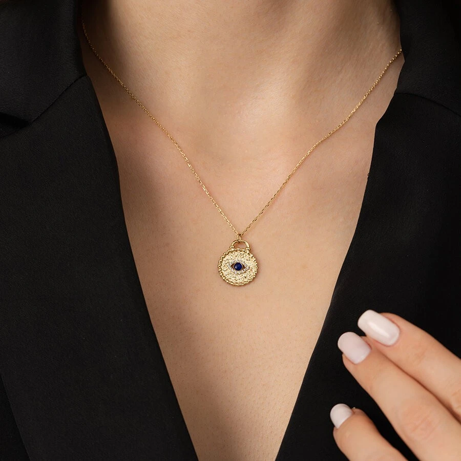 Altın Mavi Taşlı Göz Kolye - 3