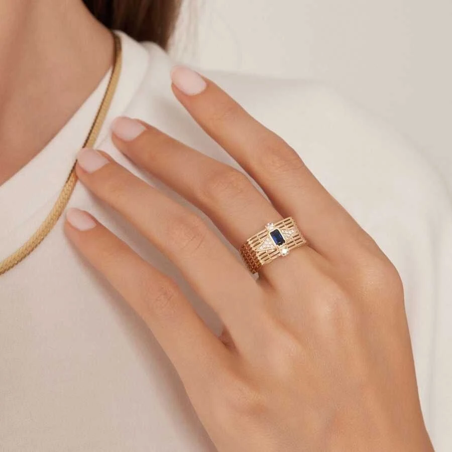 Altın Mavi Taşlı Trend Yüzük - 1