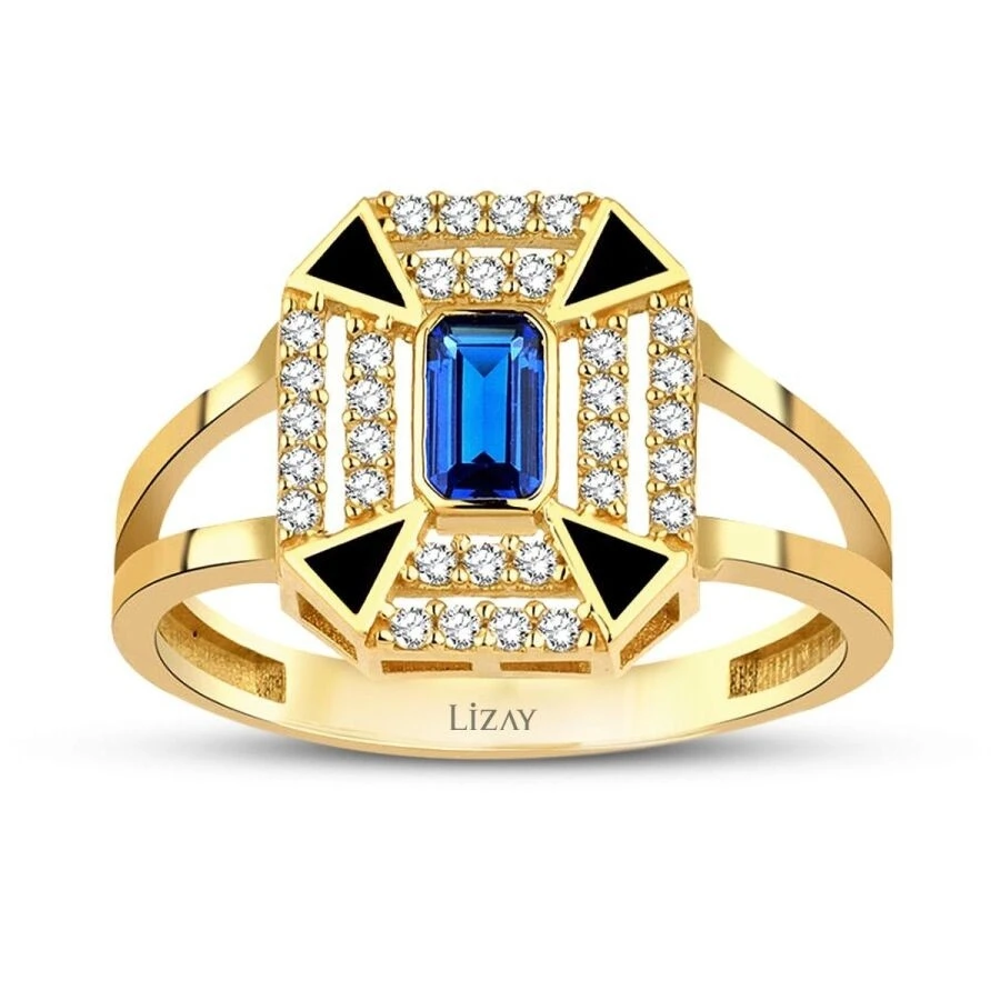 Altın Mineli Mavi Taşlı Yüzük - 1