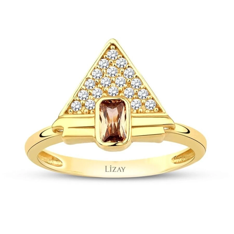 Altın Renkli Taşlı Üçgen Yüzük - 1