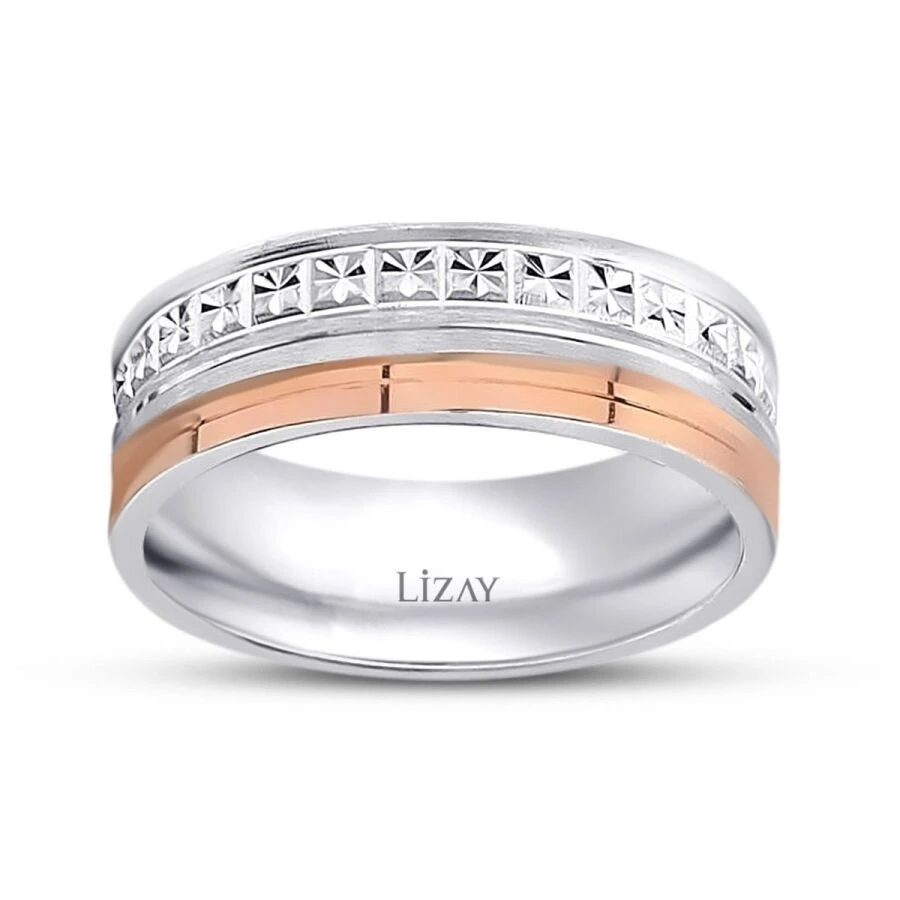 Altın Rose Beyaz Dokulu Alyans - 1