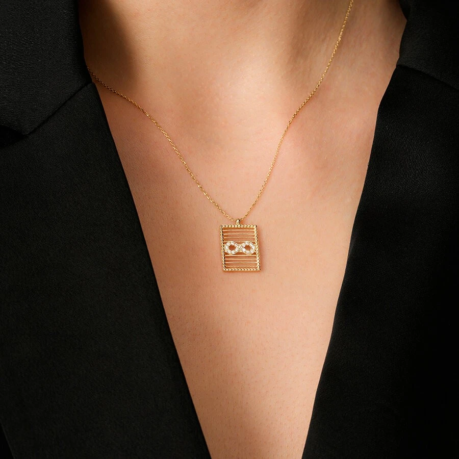 Altın Sonsuzluk Taşlı Plaka Kolye - 3