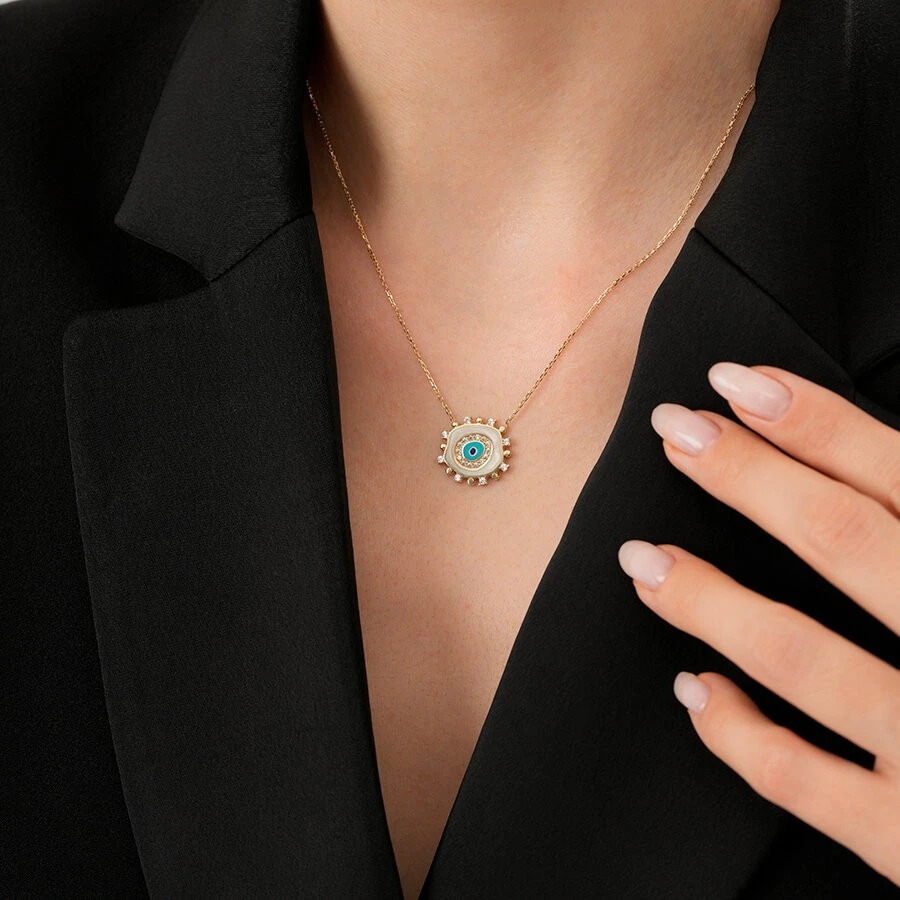 Altın Taşlı Beyaz Nazar Kolye - 3