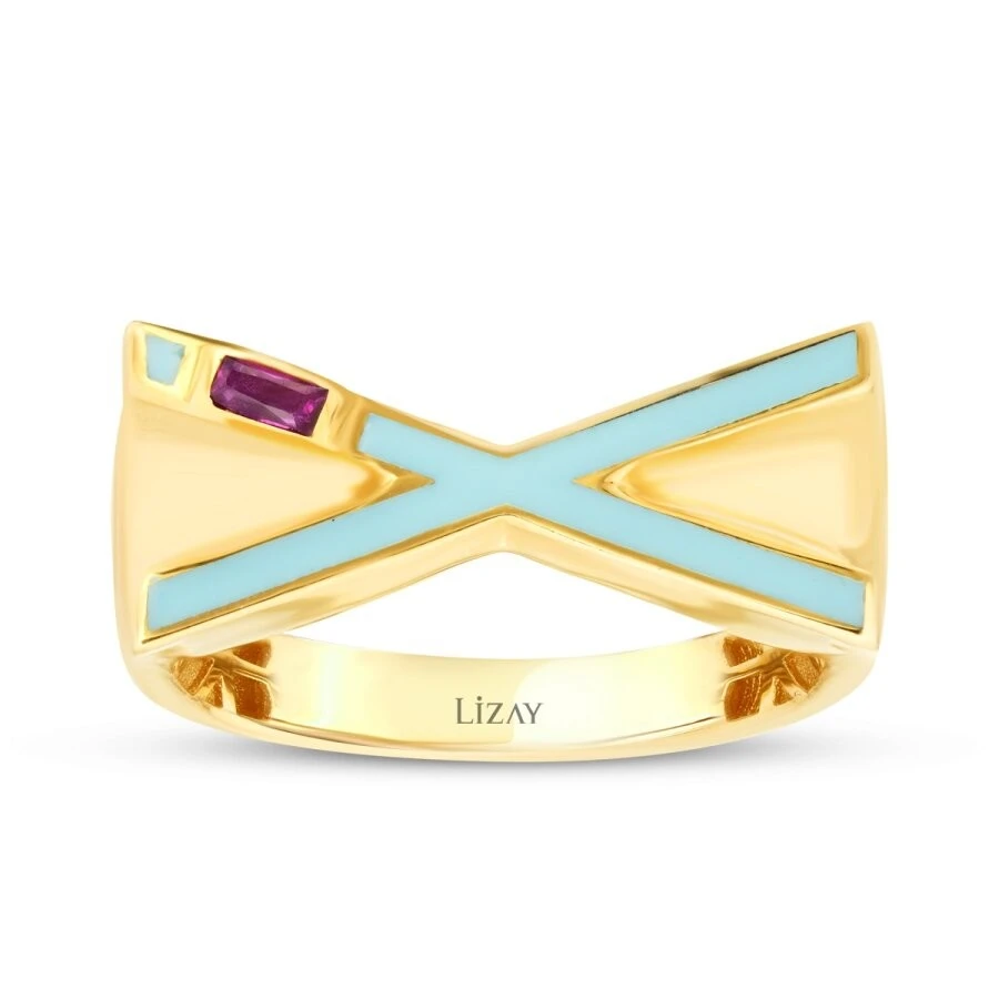 Altın Taşlı Geometrik Mavi Yüzük - 1