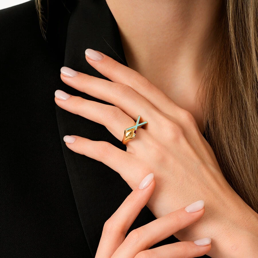 Altın Taşlı Geometrik Mavi Yüzük - 3