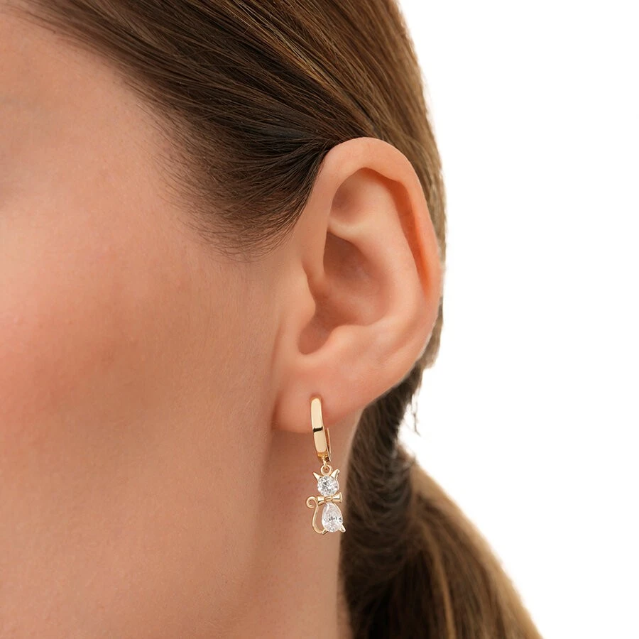 Altın Taşlı Kedi Küpe - 3