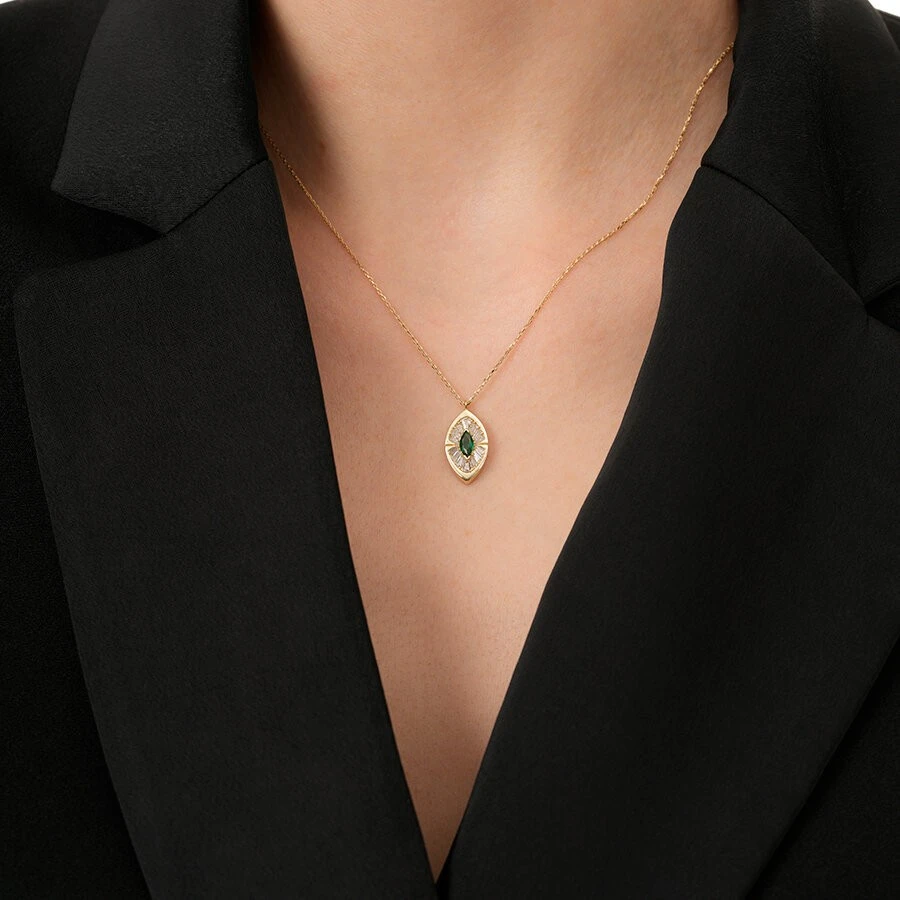 Altın Yeşil Taşlı Markiz Kolye - 3